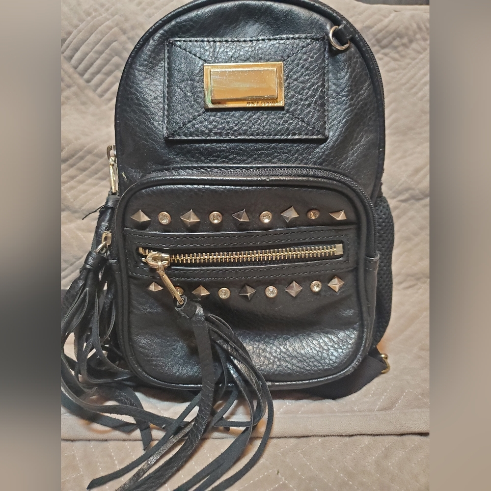 Y2K Juicy Couture Black Studded Mini Backpack Fringe Faux Leather Mini Bag